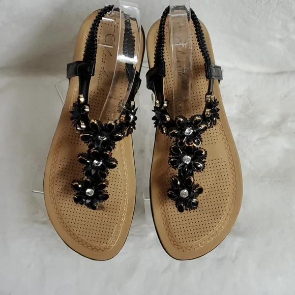ANNA ALMEIDA BLACK & GOLD FLORAL SANDALS 👡 - Picture 3 of 7